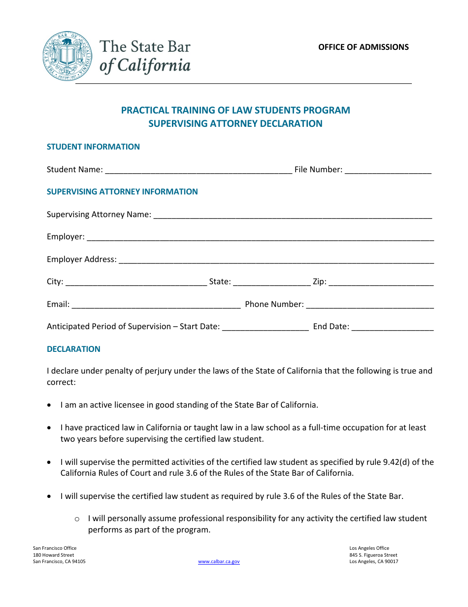 Supervising Attorney Declaration - Practical Training of Law Students Program - California, Page 1