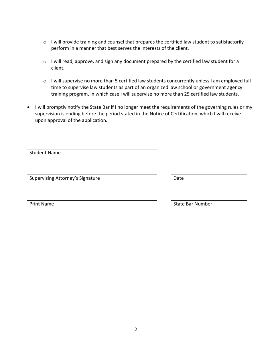 Supervising Attorney Declaration - Practical Training of Law Students Program - California, Page 2