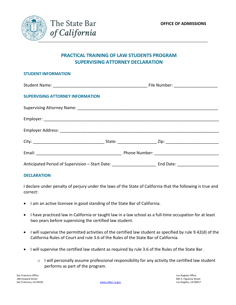 California Supervising Attorney Declaration - Practical Training of Law ...