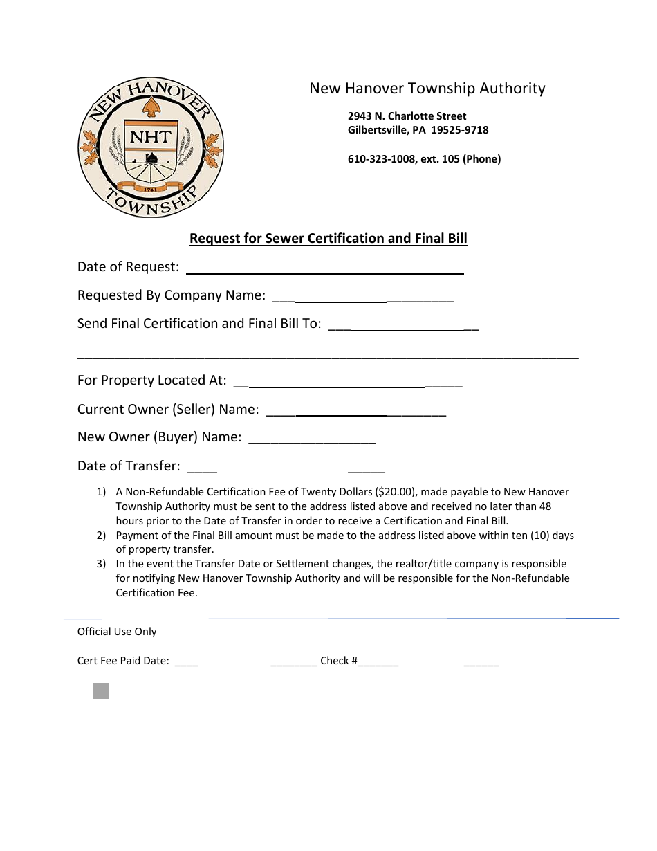 Request for Sewer Certification and Final Bill - New Hanover Township, Pennsylvania, Page 1