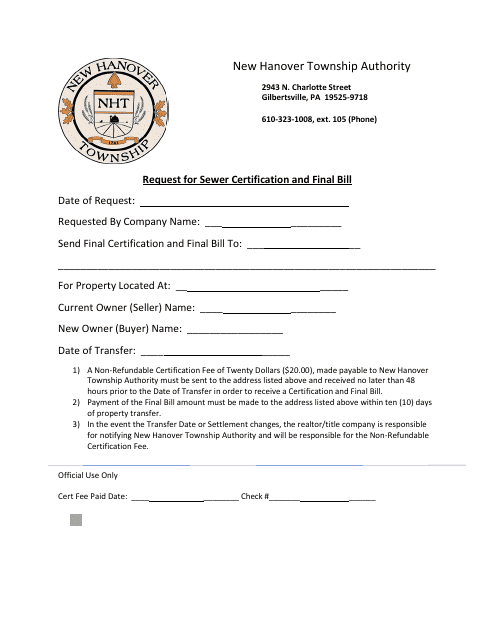 Request for Sewer Certification and Final Bill - New Hanover Township, Pennsylvania Download Pdf