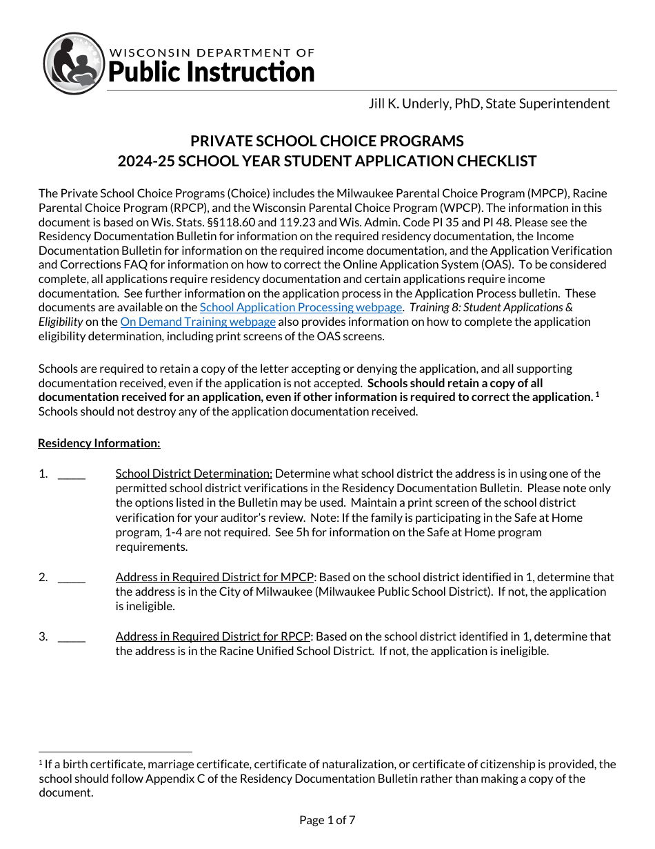 Student Application Checklist - Private School Choice Programs - Wisconsin, Page 1