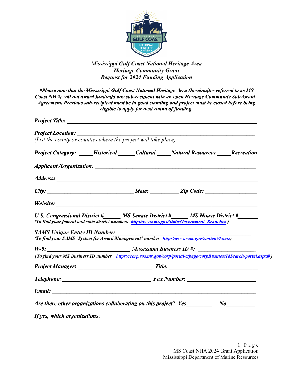 Request for Funding Application - Mississippi Gulf Coast National Heritage Area Heritage Community Grant - Mississippi, Page 1