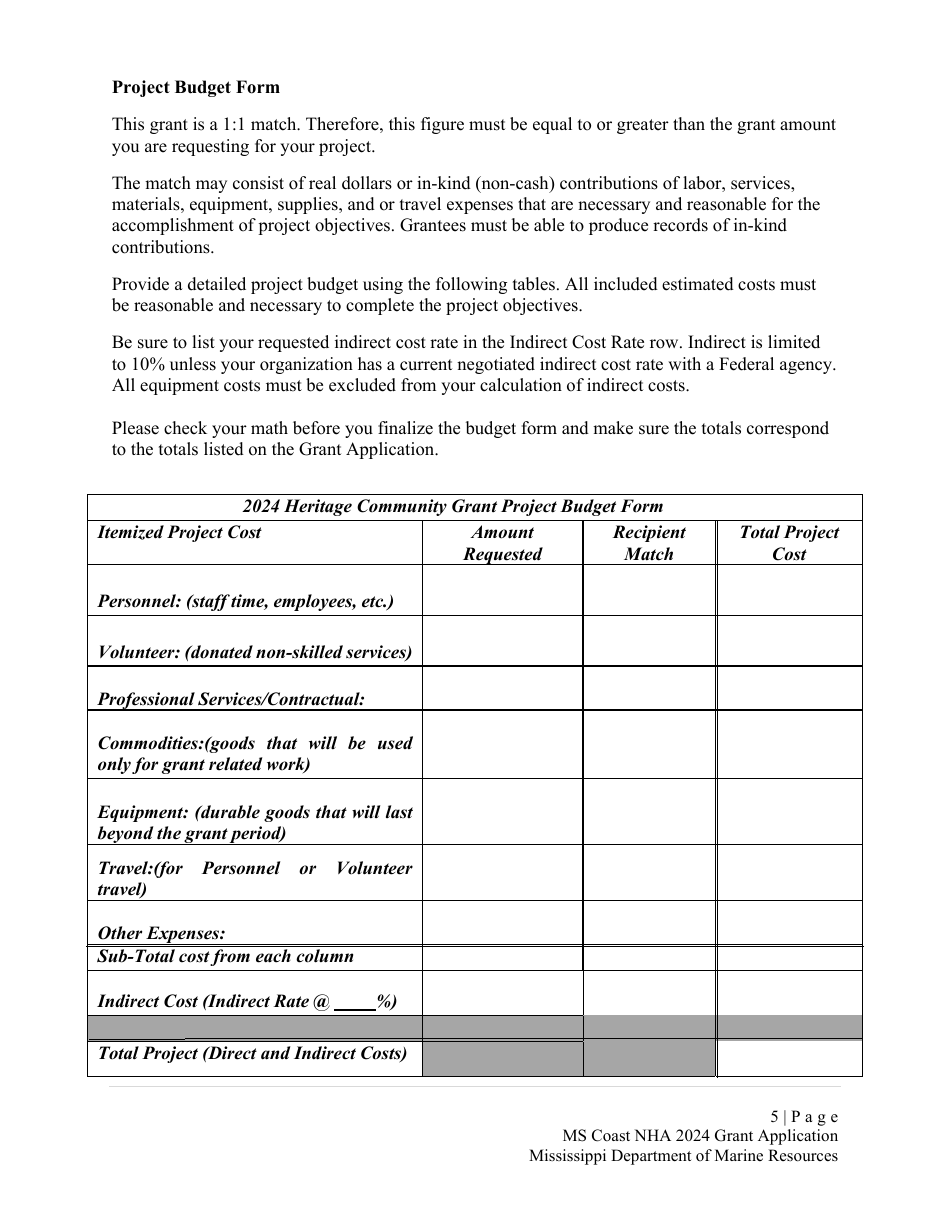 Request for Funding Application - Mississippi Gulf Coast National Heritage Area Heritage Community Grant - Mississippi, Page 5