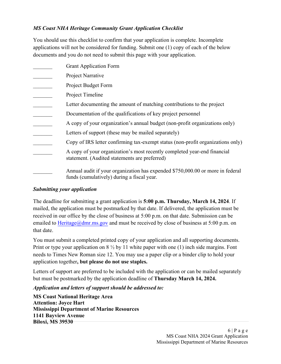 Request for Funding Application - Mississippi Gulf Coast National Heritage Area Heritage Community Grant - Mississippi, Page 6