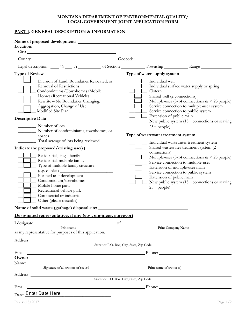 Montana DEQ/Local Government Joint Application Form - Fill Out, Sign ...