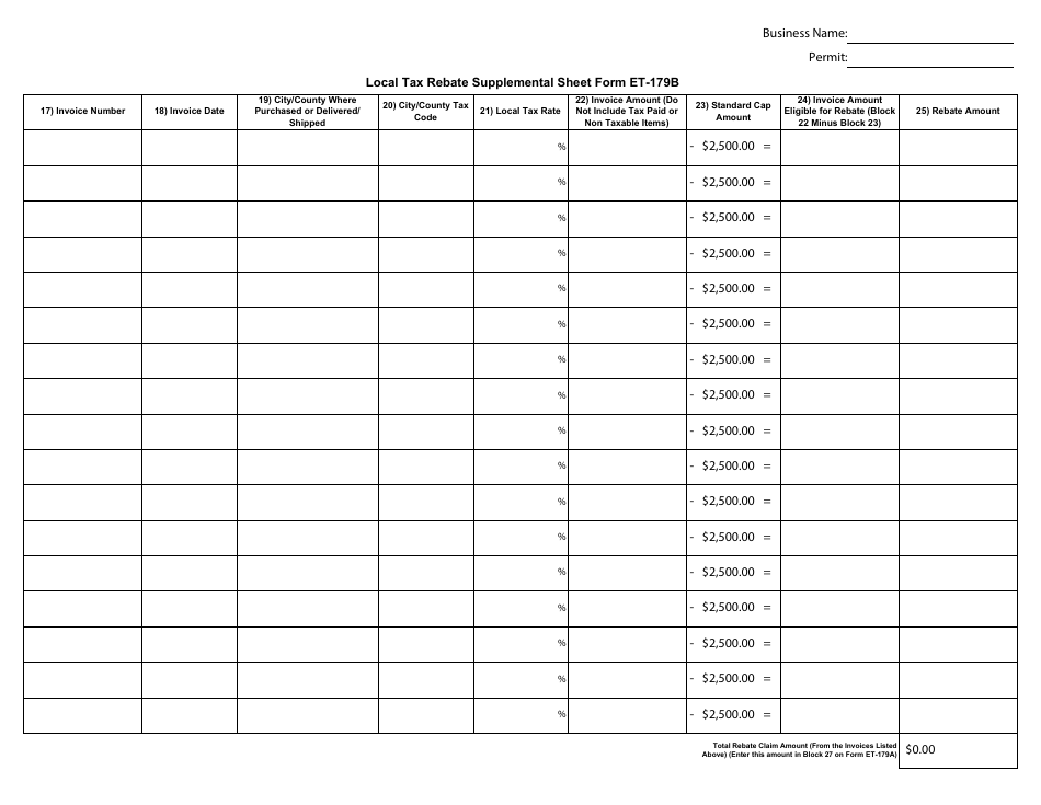 Form ET-179B Local Tax Rebate Supplemental Sheet - Arkansas, Page 1