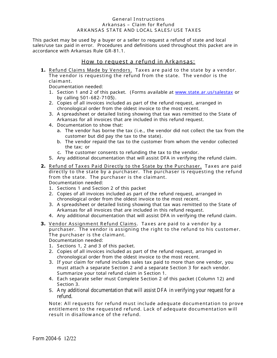 Form 2004-6 Download Printable PDF or Fill Online Arkansas State and ...