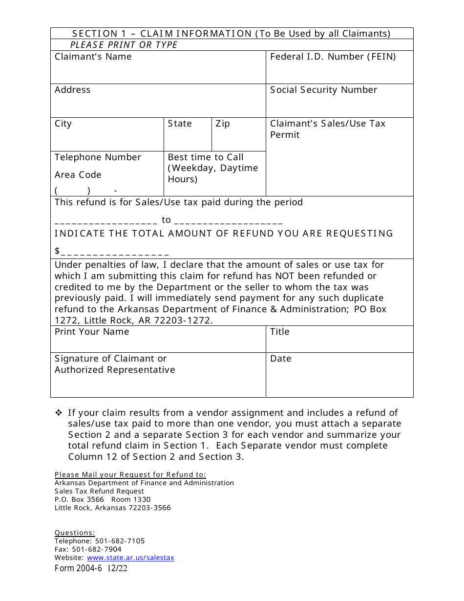 Form 2004-6 Arkansas State and Local Sales / Use Taxes Claim for Refund - Arkansas, Page 2