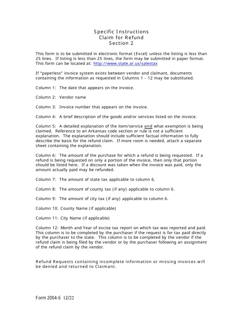 Form 2004-6 Arkansas State and Local Sales / Use Taxes Claim for Refund - Arkansas, Page 3