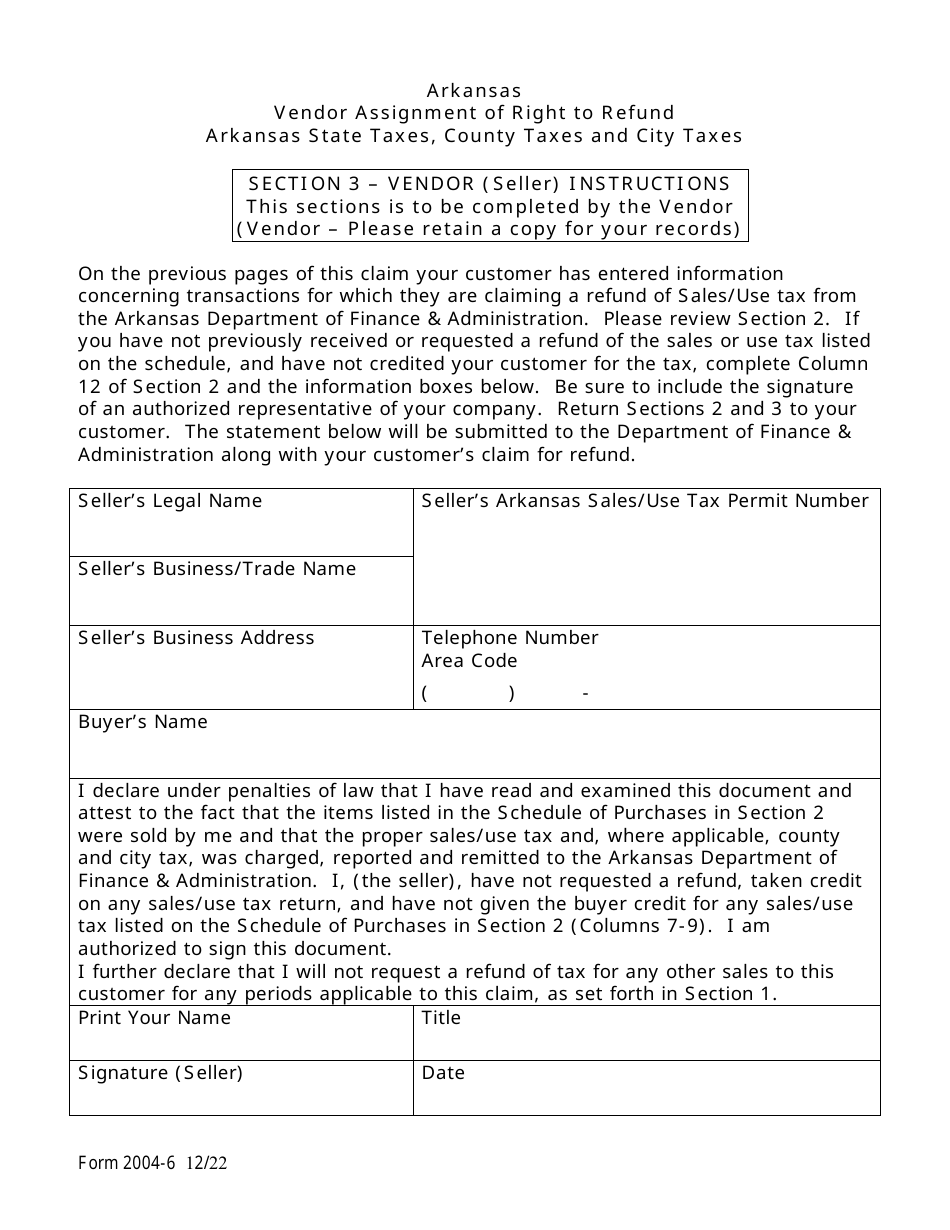 Form 2004-6 Arkansas State and Local Sales / Use Taxes Claim for Refund - Arkansas, Page 5