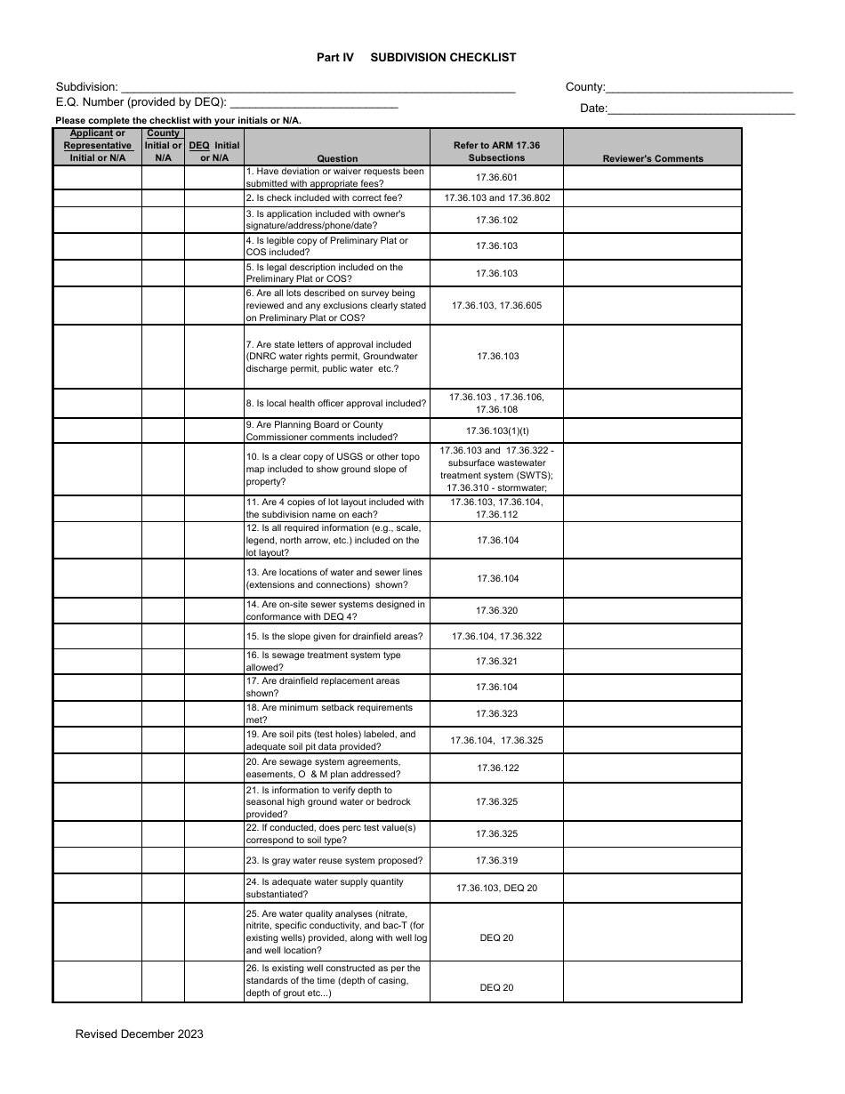 Part IV Subdivision Checklist - Montana, Page 1