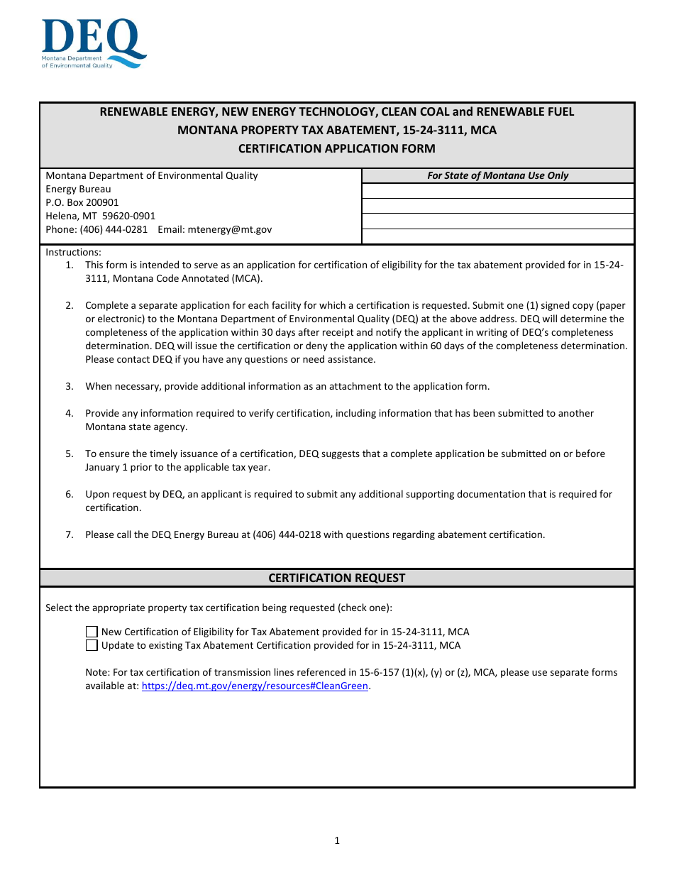 Renewable Energy, New Energy Technology, Clean Coal and Renewable Fuel Montana Property Tax Abatement, 15-24-3111, Mca Certification Application Form - Montana, Page 1