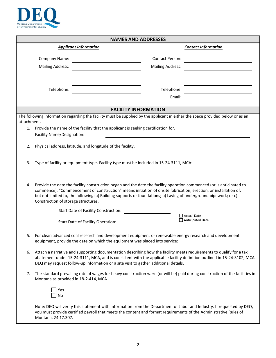 Renewable Energy, New Energy Technology, Clean Coal and Renewable Fuel Montana Property Tax Abatement, 15-24-3111, Mca Certification Application Form - Montana, Page 2