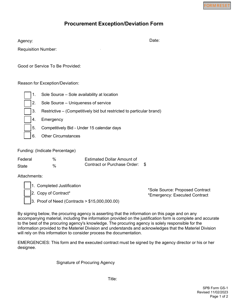 SPB Form GS-1 Procurement Exception / Deviation Form - Nebraska, Page 1