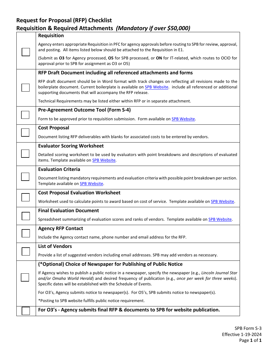 SPB Form S-3 Request for Proposal (Rfp) Checklist - Requisition  Required Attachments - Nebraska, Page 1
