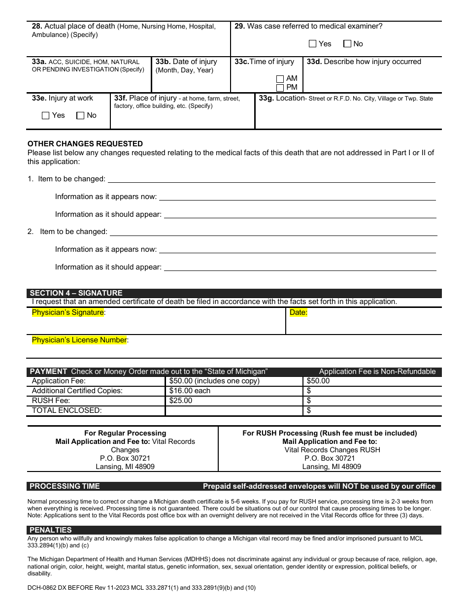 Form DCH-0862 DX BEFORE Physician Application to Correct a Michigan Death Record (For Deaths That Occurred Before 1 / 1 / 2004) - Michigan, Page 2