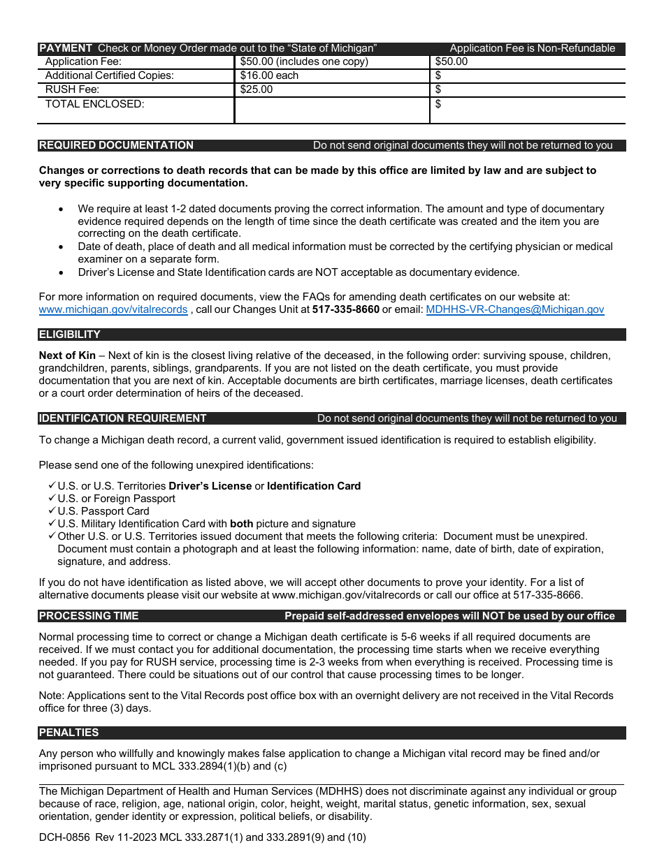 Form DCH-0856 Application to Correct a Michigan Death Record - Michigan, Page 2