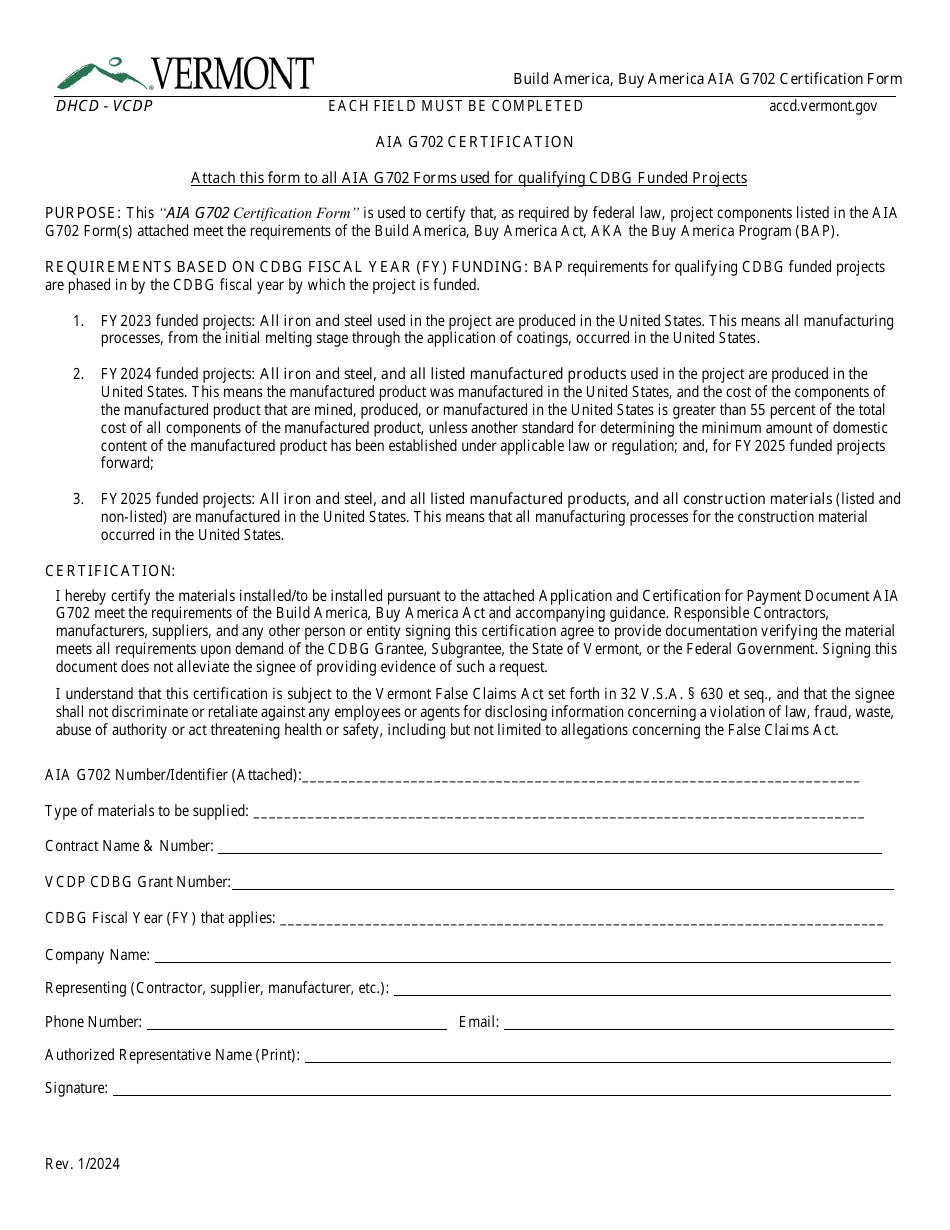Build America, Buy America Aia G702 Certification Form - Vermont, Page 1
