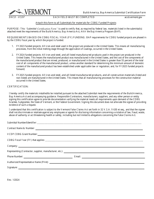 Build America, Buy America Submittal Certification Form - Vermont, 2025