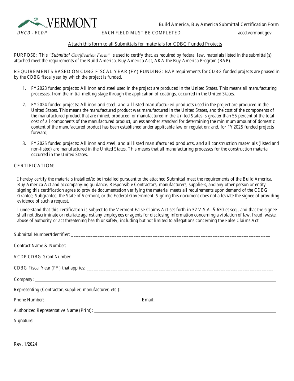 2025 Vermont Build America Buy America Submittal Certification Form