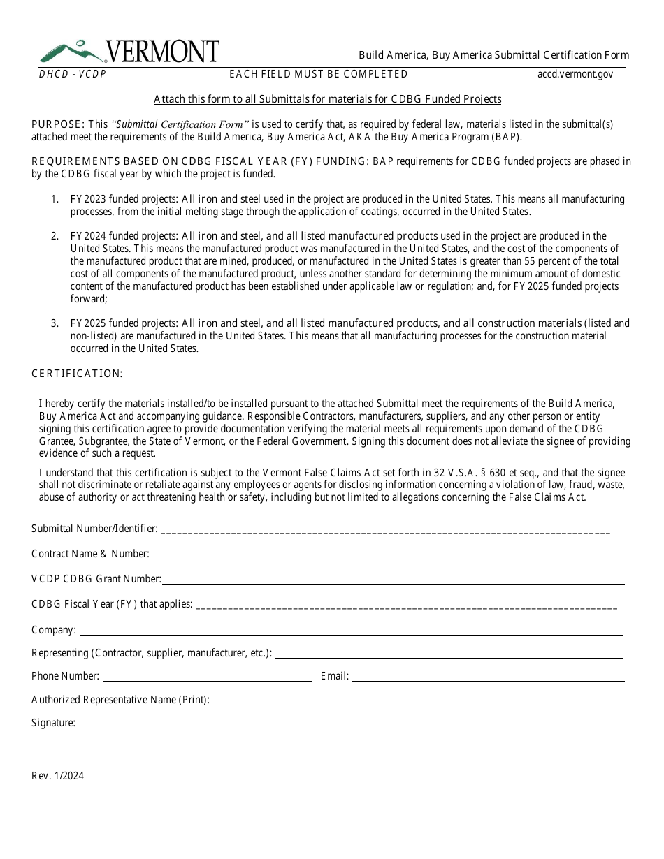 Build America, Buy America Submittal Certification Form - Vermont, Page 1