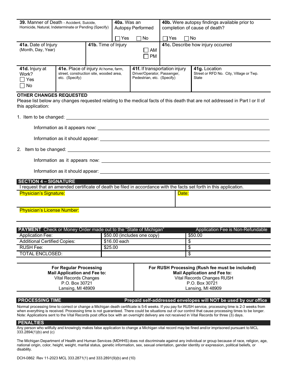 Form DCH-0862 Physician Application to Correct a Michigan Death Record (For Deaths That Occurred After 1 / 1 / 2004) - Michigan, Page 2