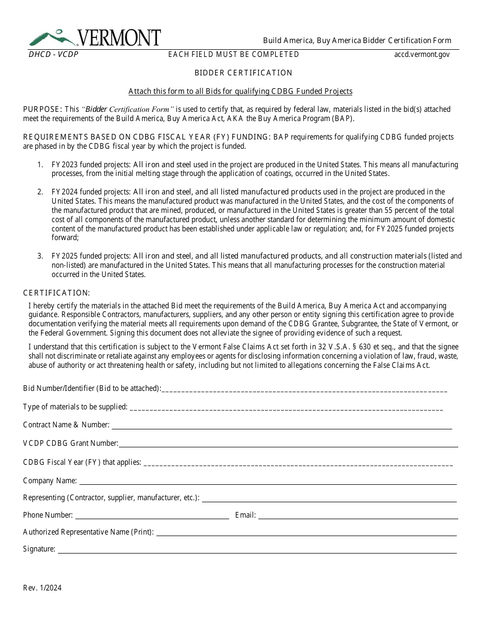 Build America, Buy America Bidder Certification Form - Vermont, Page 1