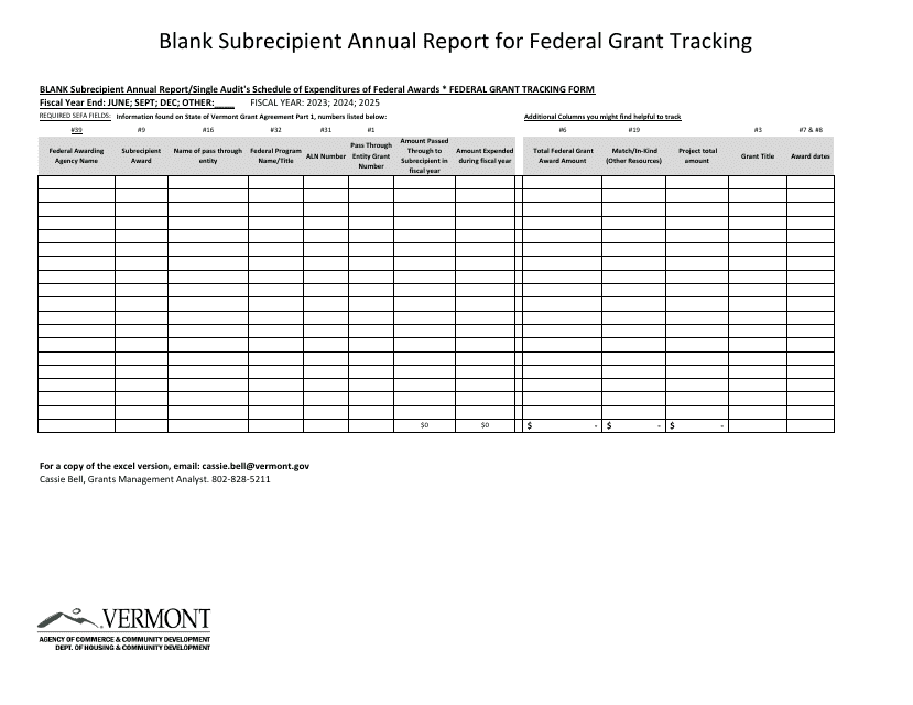 Blank Subrecipient Annual Report for Federal Grant Tracking - Vermont Download Pdf