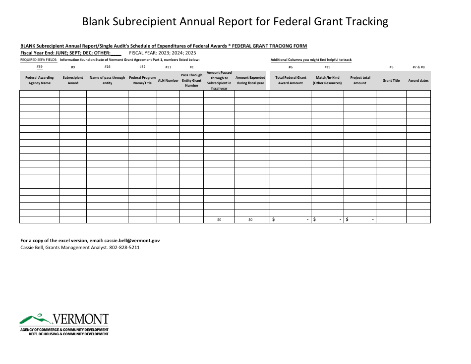 Blank Subrecipient Annual Report for Federal Grant Tracking - Vermont, Page 1