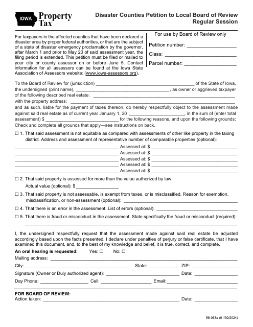 Form 56-063 Disaster Counties Petition to Local Board of Review Regular Session - Iowa