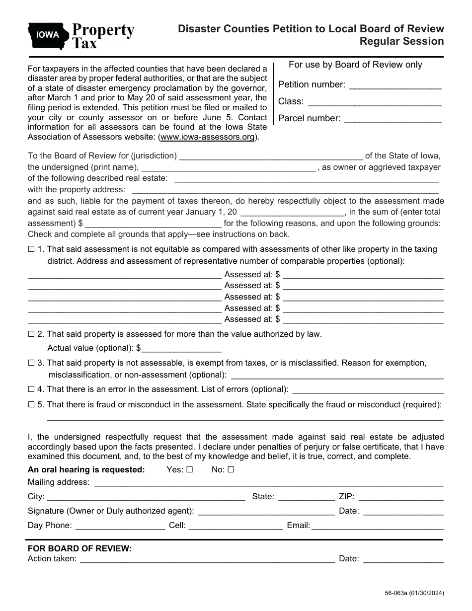Form 56-063 Disaster Counties Petition to Local Board of Review Regular Session - Iowa, Page 1