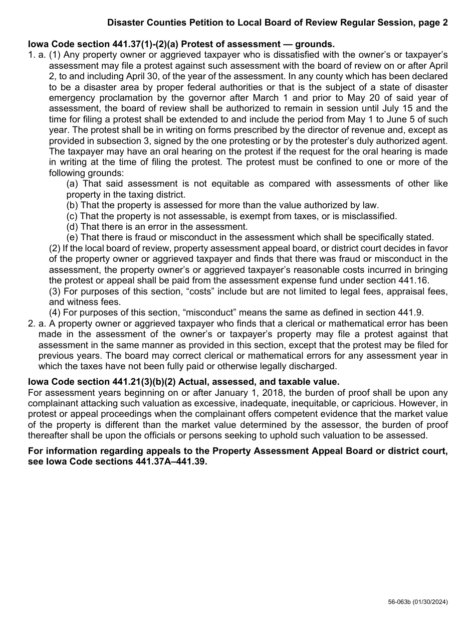 Form 56-063 Disaster Counties Petition to Local Board of Review Regular Session - Iowa, Page 2
