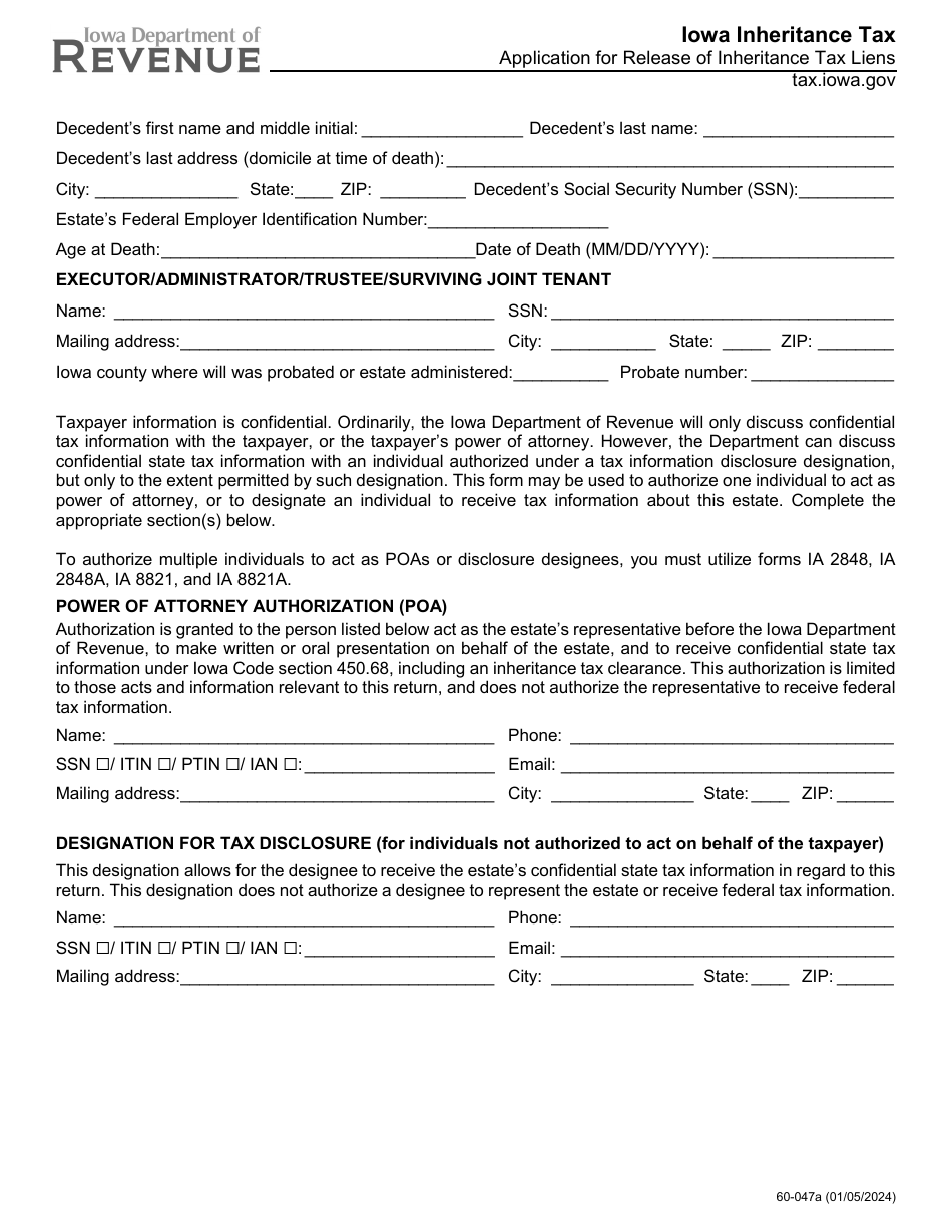 Form 60-047 Application for Release of Inheritance Tax Liens - Iowa, Page 1