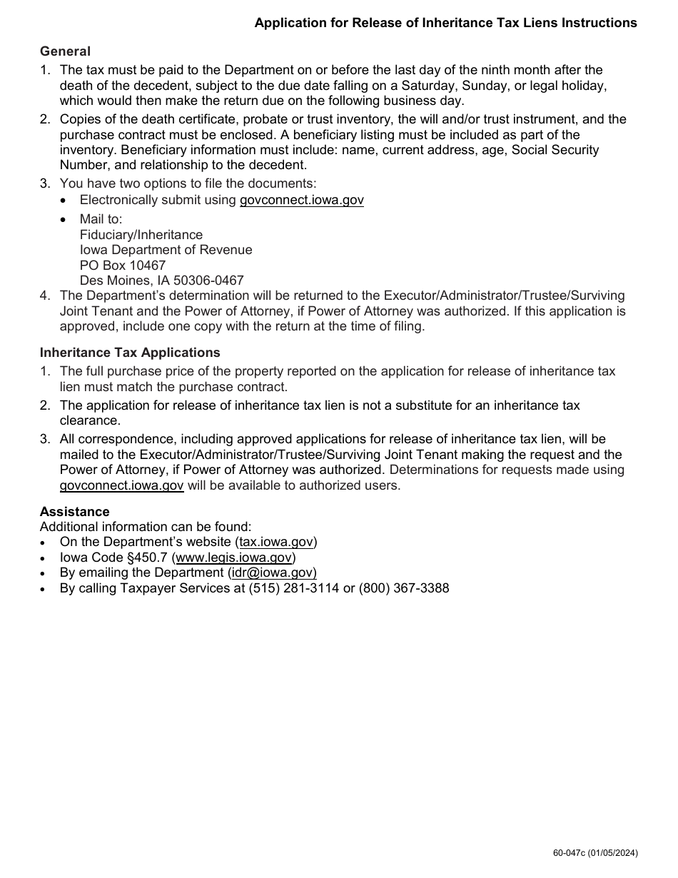 Form 60-047 Application for Release of Inheritance Tax Liens - Iowa, Page 3