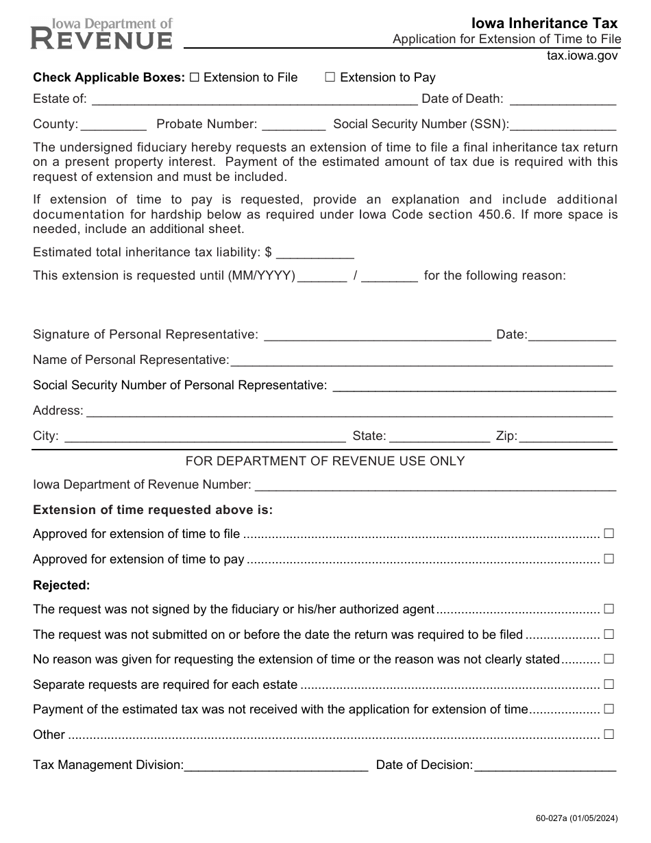 Form 60-027 Inheritance Tax Application for Extension of Time to File - Iowa, Page 1