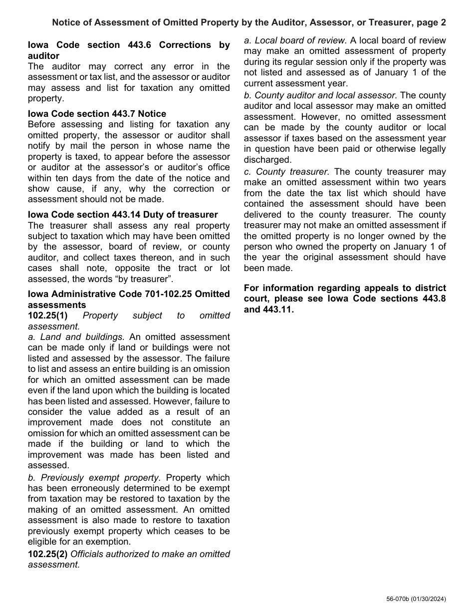Form 56-070 Notice of Assessment of Omitted Property by the Auditor, Assessor, or Treasurer - Iowa, Page 2