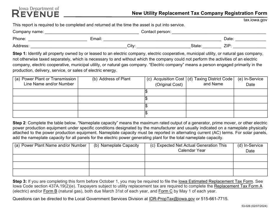 Form 53-026 New Utility Replacement Tax Company Registration Form - Iowa, Page 1