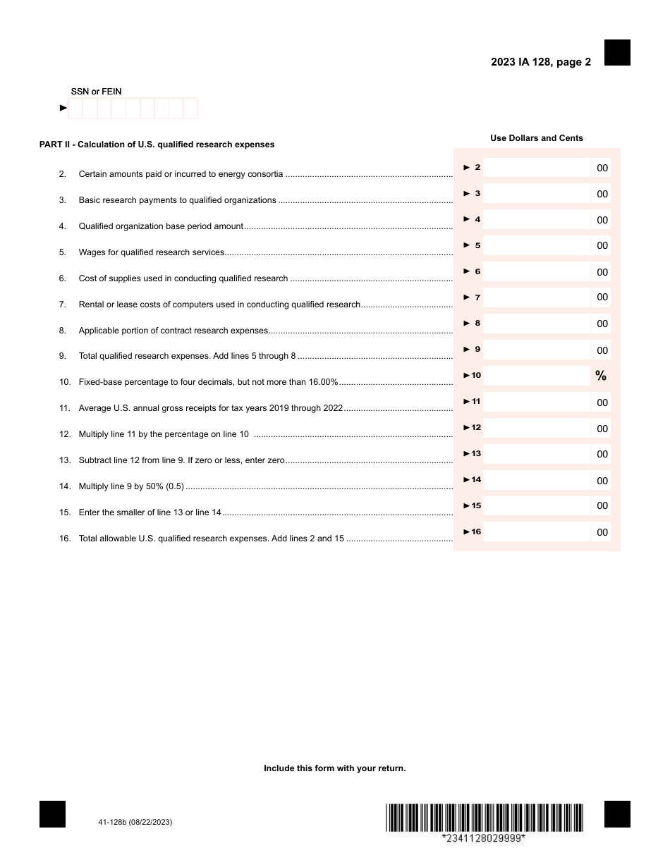 Form IA128 (41-128) Iowa Research Activities Tax Credit - Iowa, Page 2
