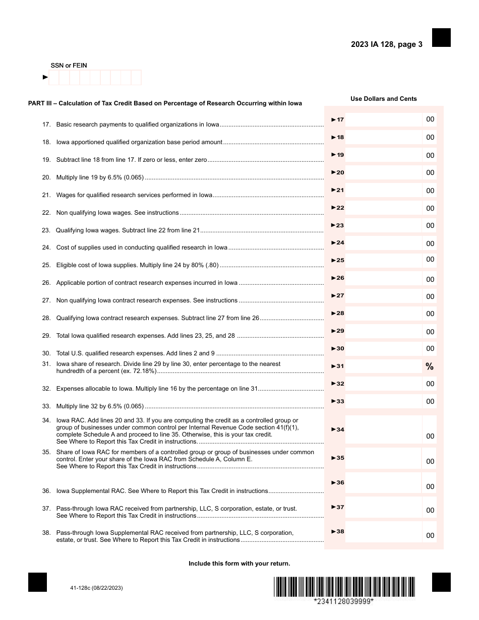 Form IA128 (41-128) Iowa Research Activities Tax Credit - Iowa, Page 3