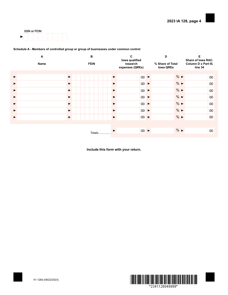 Form IA128 (41-128) Iowa Research Activities Tax Credit - Iowa, Page 4
