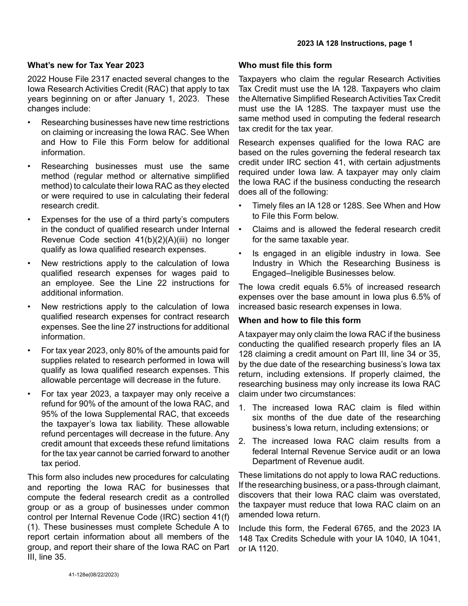 Form IA128 (41-128) Iowa Research Activities Tax Credit - Iowa, Page 5