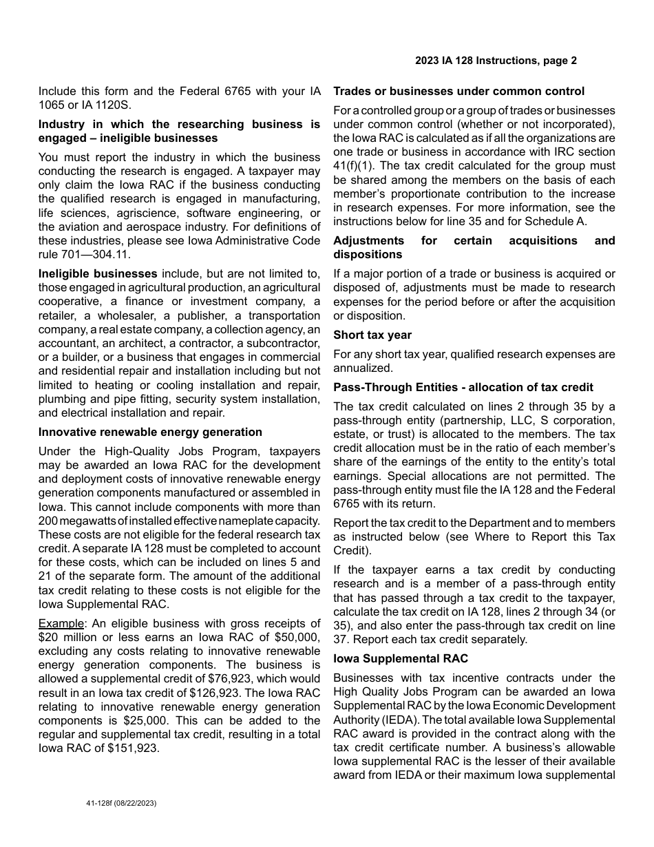 Form IA128 (41-128) Iowa Research Activities Tax Credit - Iowa, Page 6