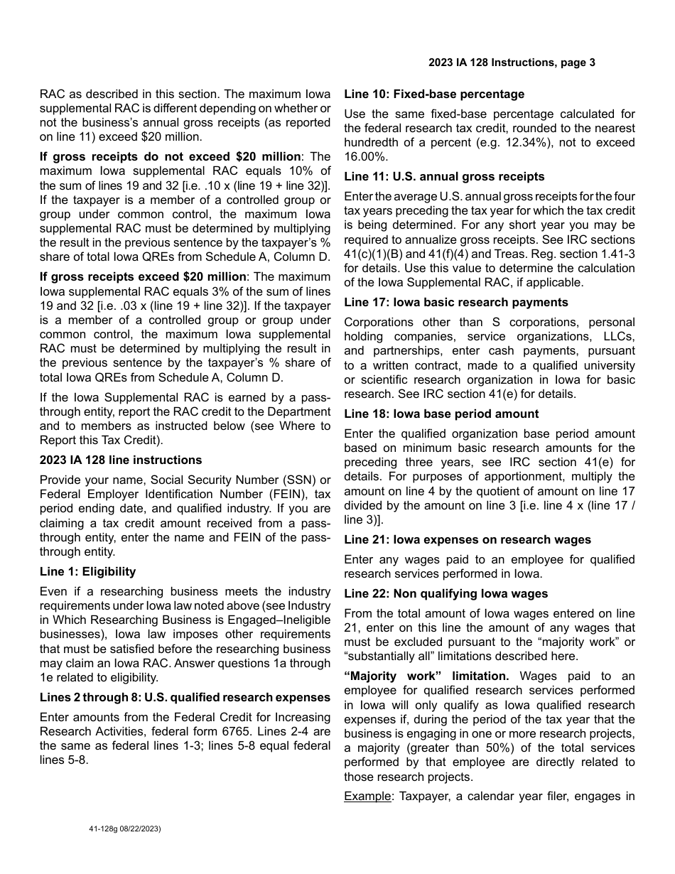 Form IA128 (41-128) Iowa Research Activities Tax Credit - Iowa, Page 7
