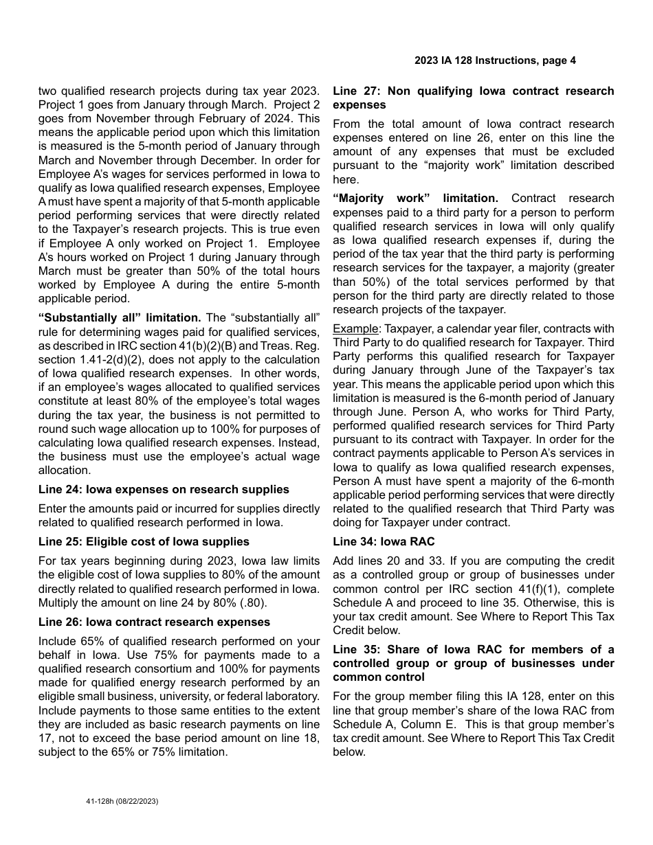 Form IA128 (41-128) Iowa Research Activities Tax Credit - Iowa, Page 8