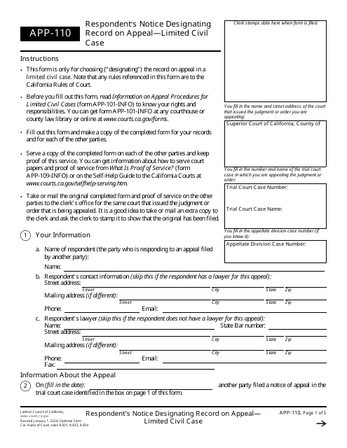 Form APP-110 Respondent's Notice Designating Record on Appeal - Limited Civil Case - California
