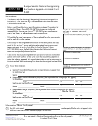 Form APP-110 Respondent&#039;s Notice Designating Record on Appeal - Limited Civil Case - California