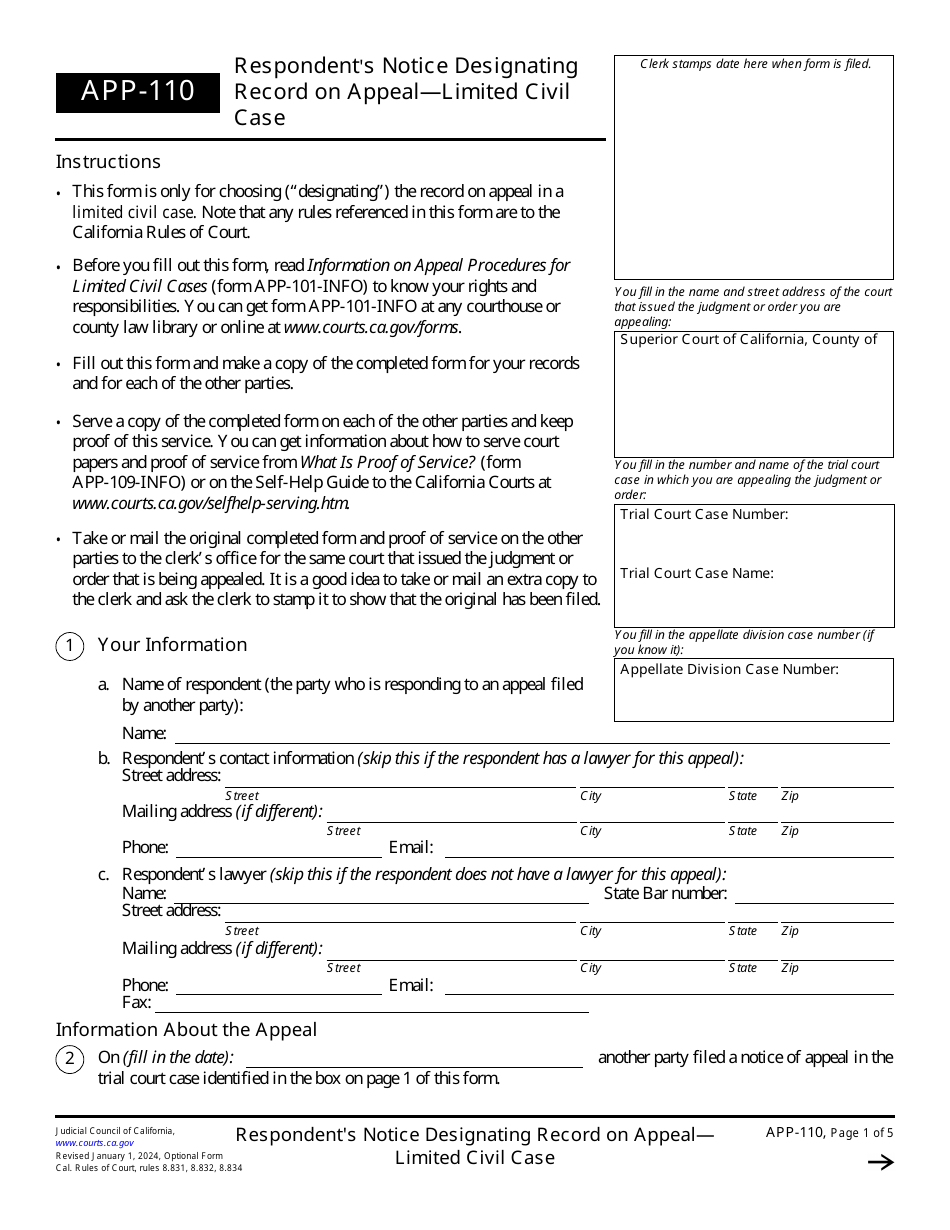 Form APP-110 Respondents Notice Designating Record on Appeal - Limited Civil Case - California, Page 1
