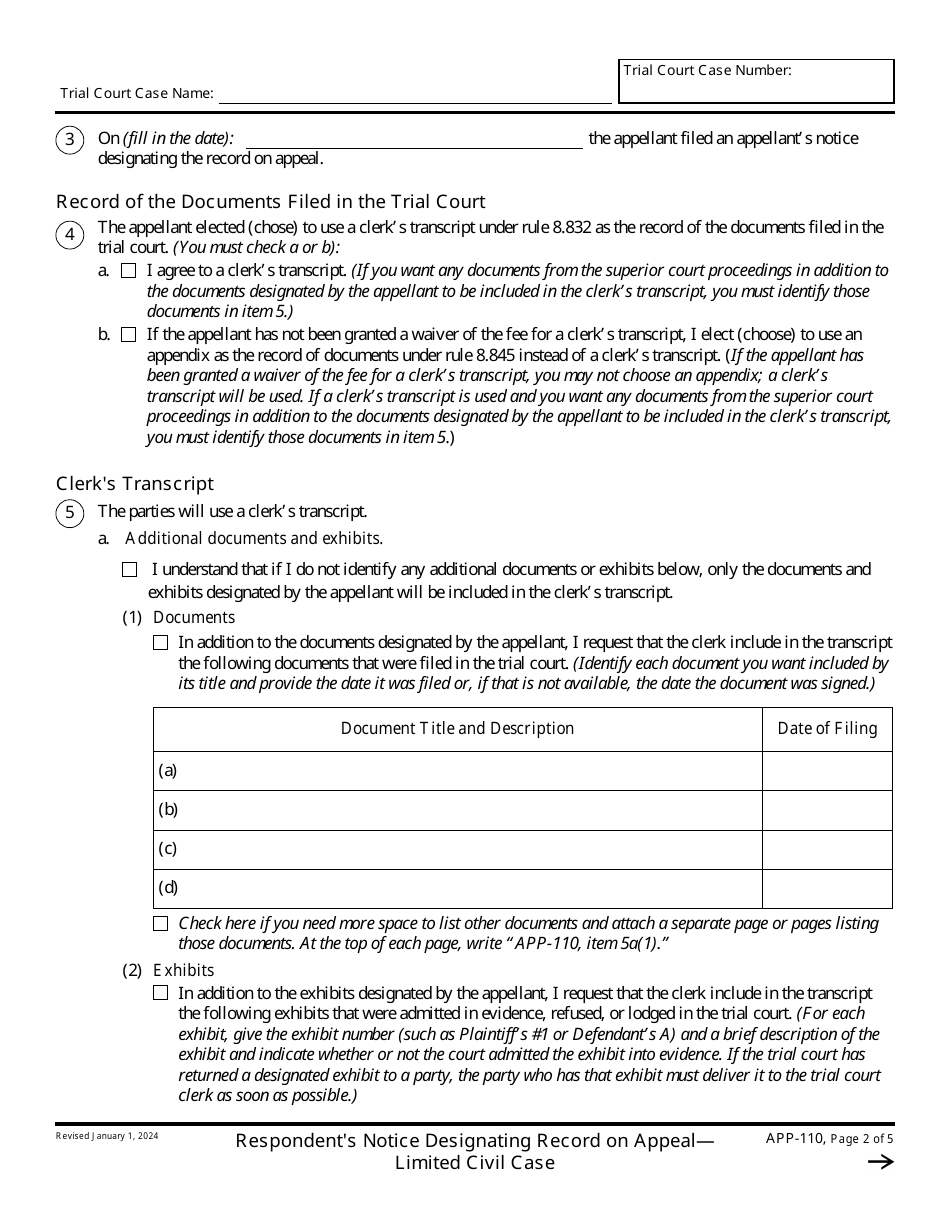 Form APP-110 Respondents Notice Designating Record on Appeal - Limited Civil Case - California, Page 2
