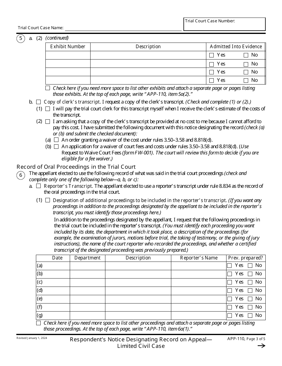 Form APP-110 Respondents Notice Designating Record on Appeal - Limited Civil Case - California, Page 3